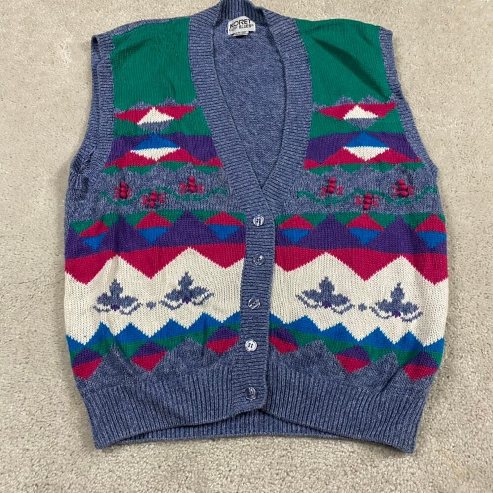 Vintage Knit Sweater Vest Womens M Blue Grandma Chunky Knit Holiday Grannycore